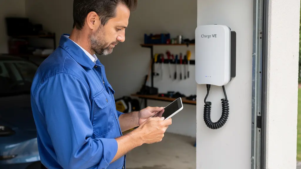 Électricien certifié IRVE inspectant une borne de recharge dans un garage résidentiel toulousain