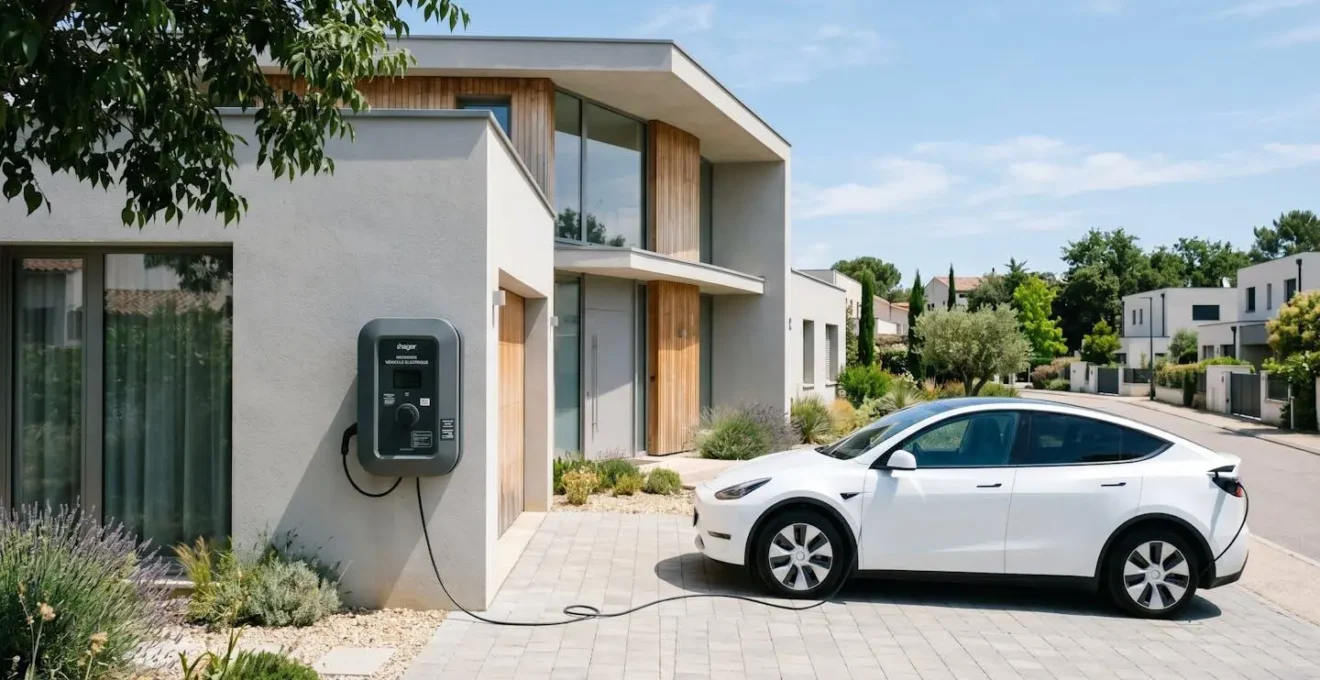 Borne de recharge pour véhicule électrique fixée sur la façade d'une maison contemporaine avec câble rangé dans un environnement extérieur lumineux