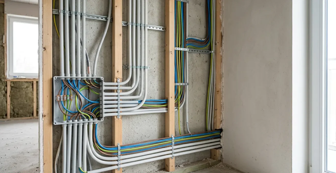 Installation électrique domestique moderne avec câbles et gaines techniques préparés pour une durabilité de trois décennies