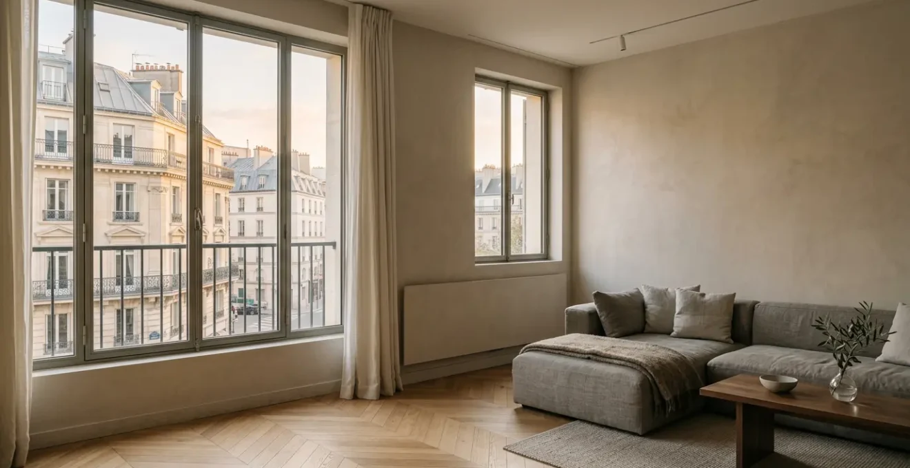 Intérieur de salon français moderne avec radiateur électrique élégant, lumière naturelle et ambiance chaleureuse