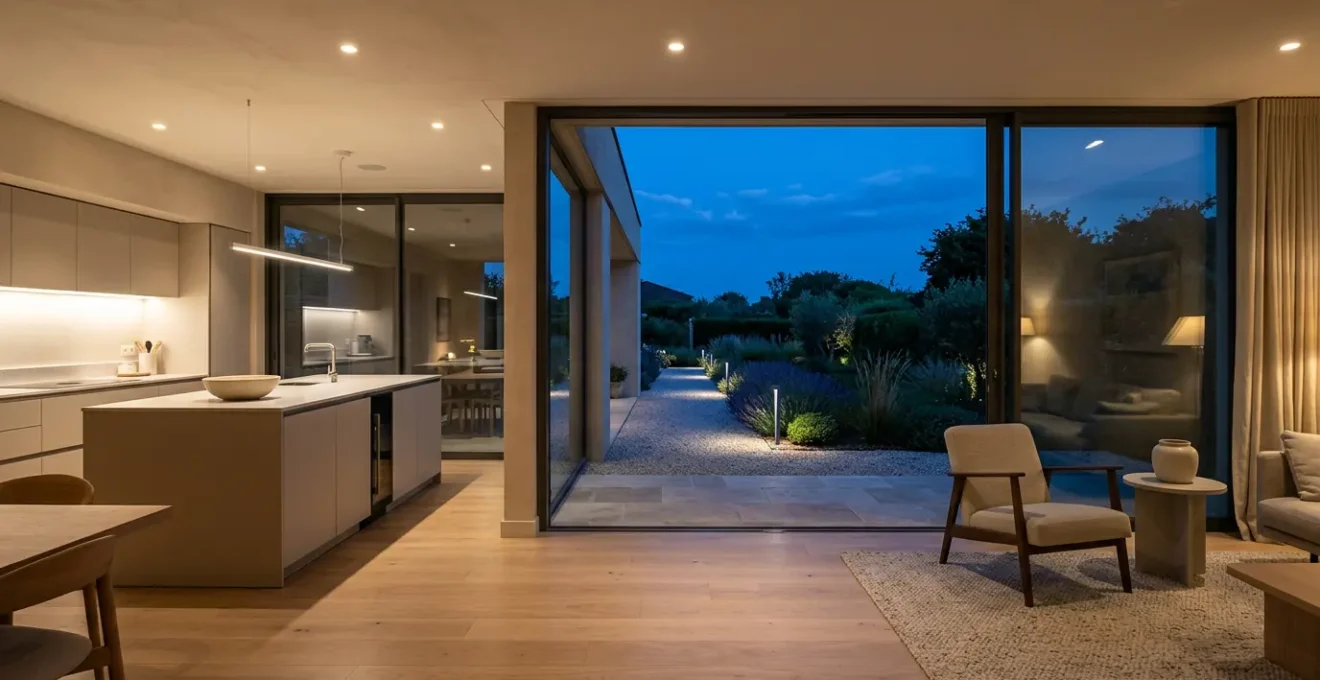 Vue architecturale d'un espace de vie moderne montrant l'interaction entre éclairage intérieur chaleureux et extérieur subtil au crépuscule