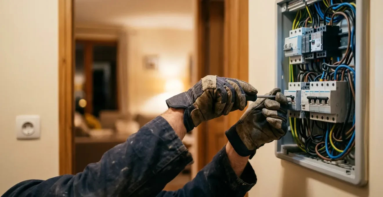 Technicien électricien intervenant en urgence sur tableau électrique résidentiel français