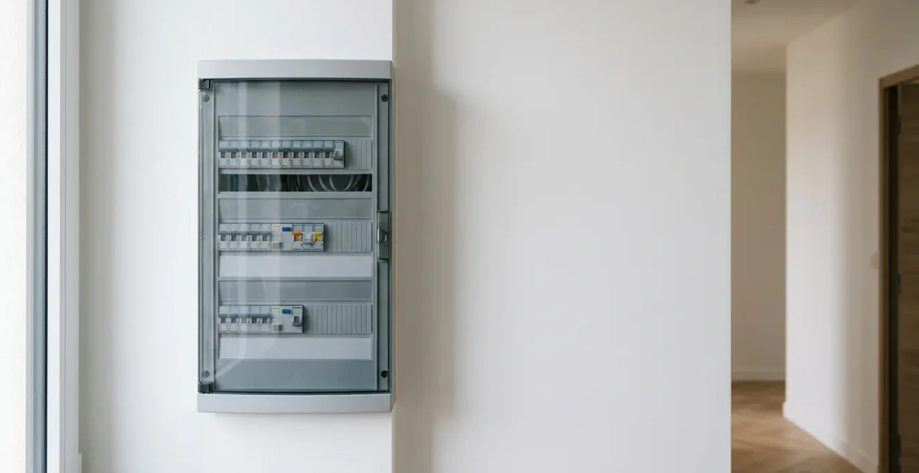 Installation électrique moderne avec tableau électrique et dispositifs de sécurité dans un contexte immobilier français