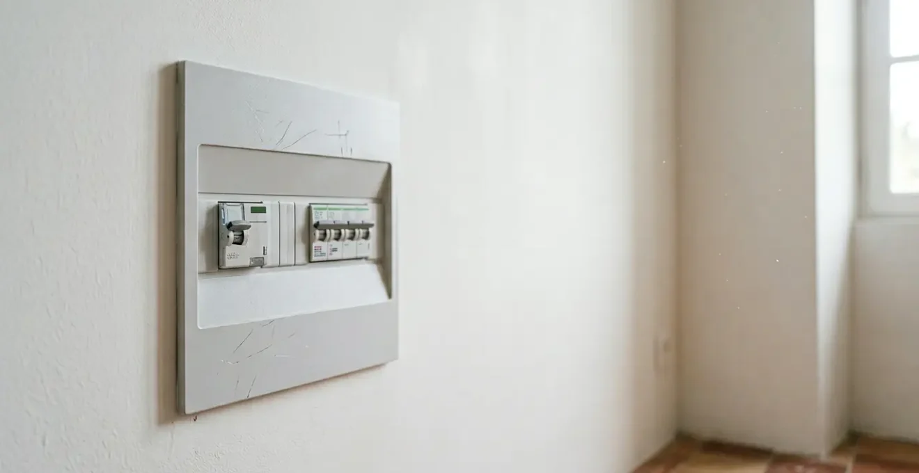 Tableau électrique moderne français avec disjoncteur différentiel mis en valeur dans un intérieur résidentiel sobre