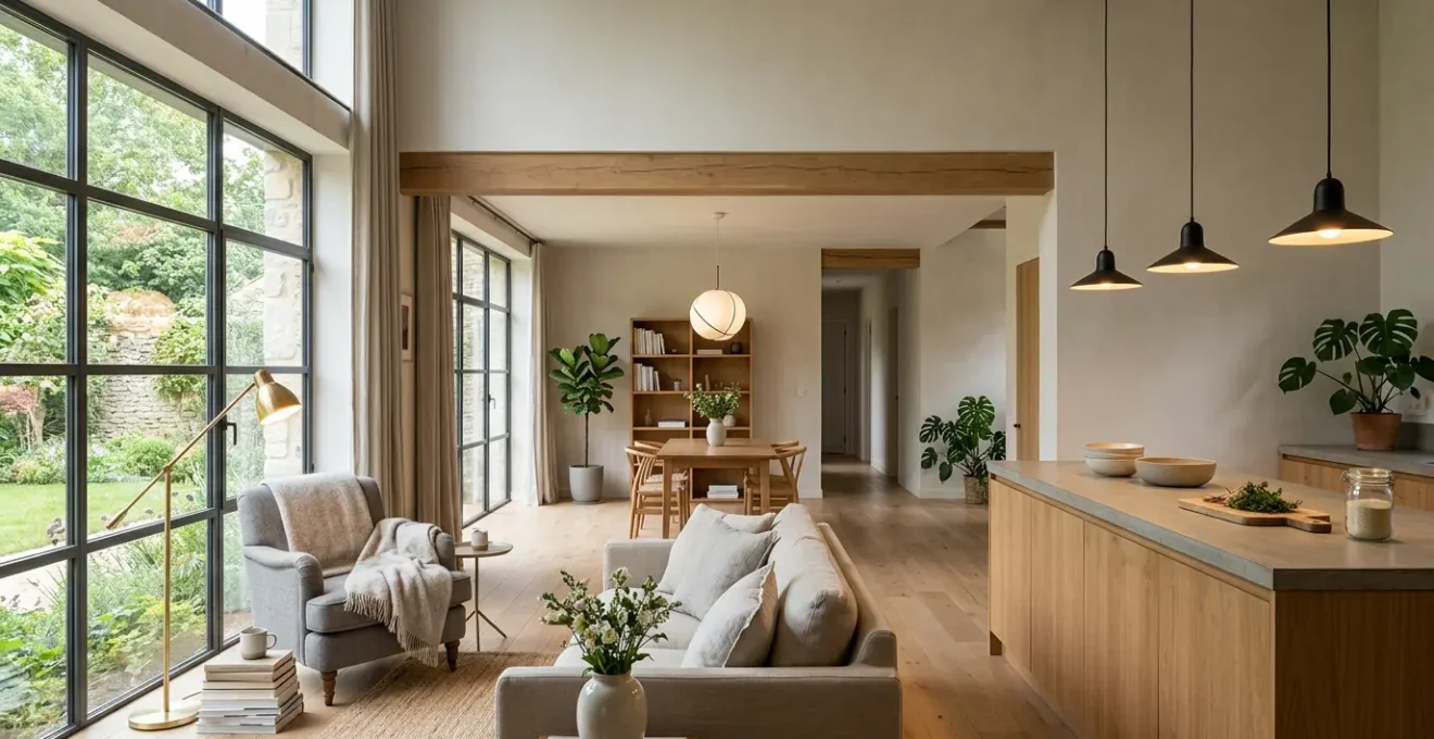 Intérieur de maison moderne avec différentes zones d'éclairage fonctionnel adaptées aux activités quotidiennes