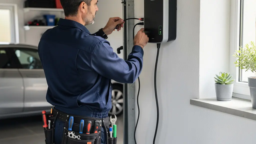 Électricien installant une borne de recharge sur mur de garage résidentiel Électricien installant une borne de recharge sur mur de garage résidentiel