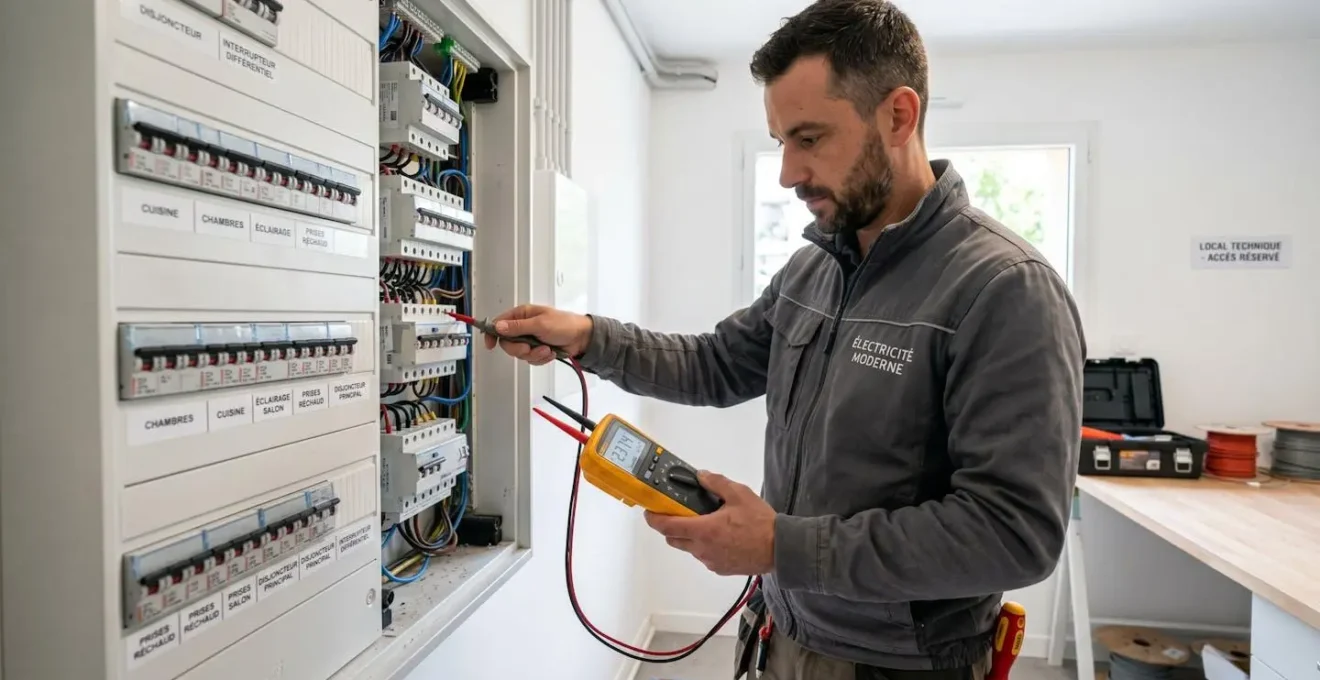 Un électricien professionnel concentré vérifie un tableau électrique résidentiel avec un multimètre dans un environnement de chantier lumineux
