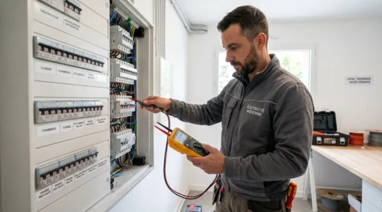 Un électricien professionnel concentré vérifie un tableau électrique résidentiel avec un multimètre dans un environnement de chantier lumineux