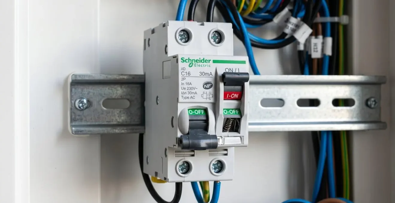 Vue rapprochée d'un disjoncteur différentiel 30 mA monté sur rail DIN dans un tableau électrique moderne avec étiquetage visible