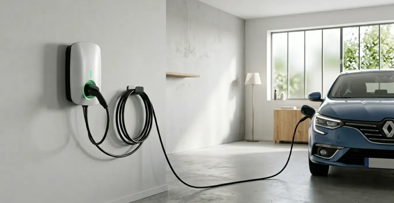 Borne de recharge murale intelligente installée dans un garage résidentiel français avec véhicule électrique branché