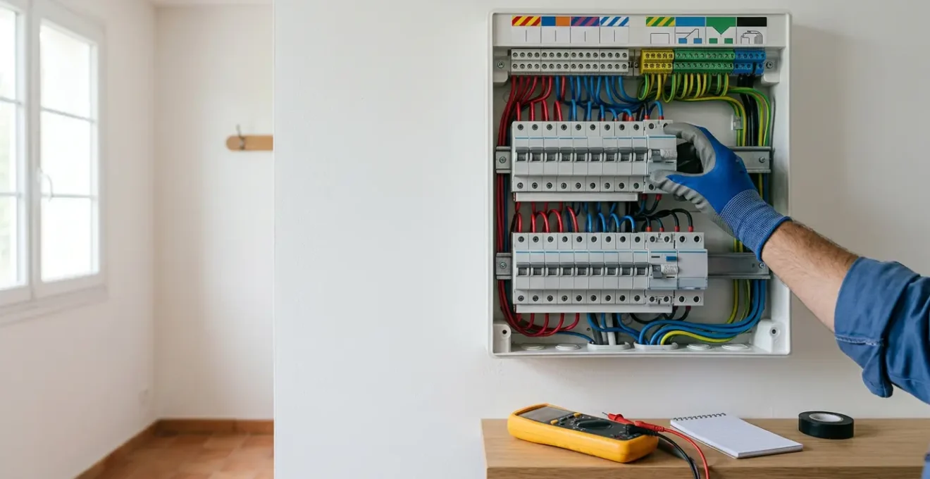 Installation d'un disjoncteur divisionnaire sur un tableau électrique avec procédure de sécurité