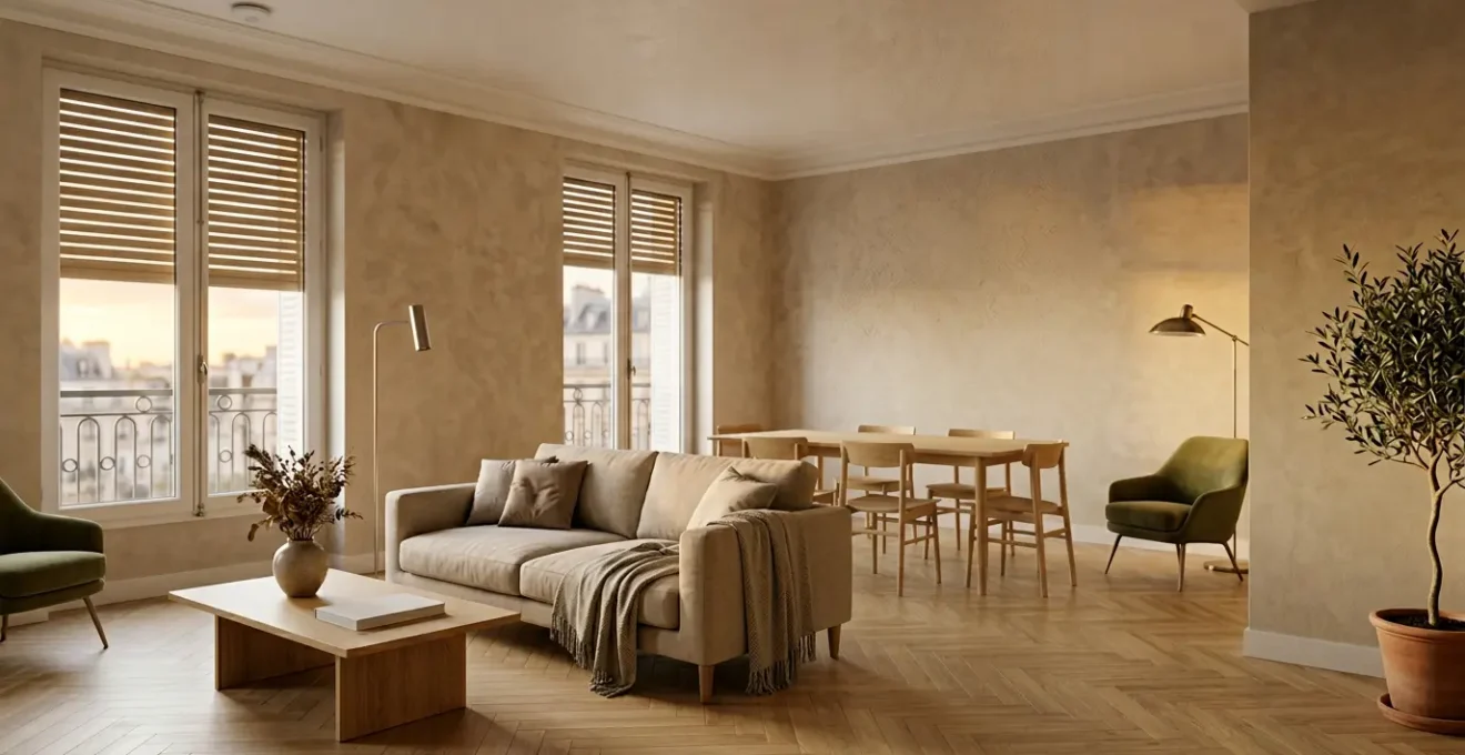 Intérieur de maison connectée avec équipements domotiques intégrés de manière harmonieuse