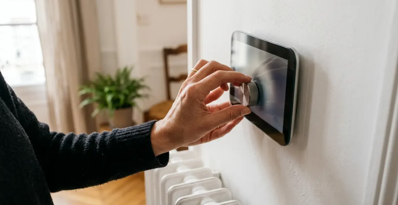 Main tenant une télécommande de programmation de radiateur dans un intérieur lumineux et moderne