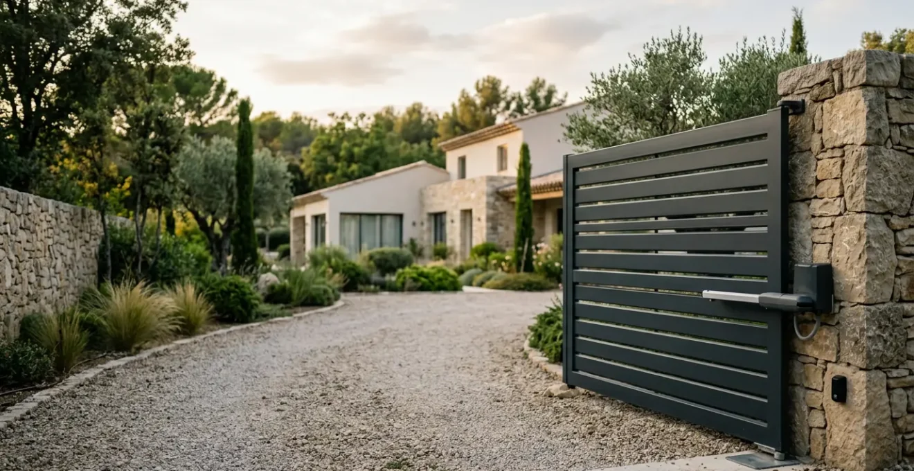 Installation moderne de motorisation de portail battant avec système de sécurité intégré