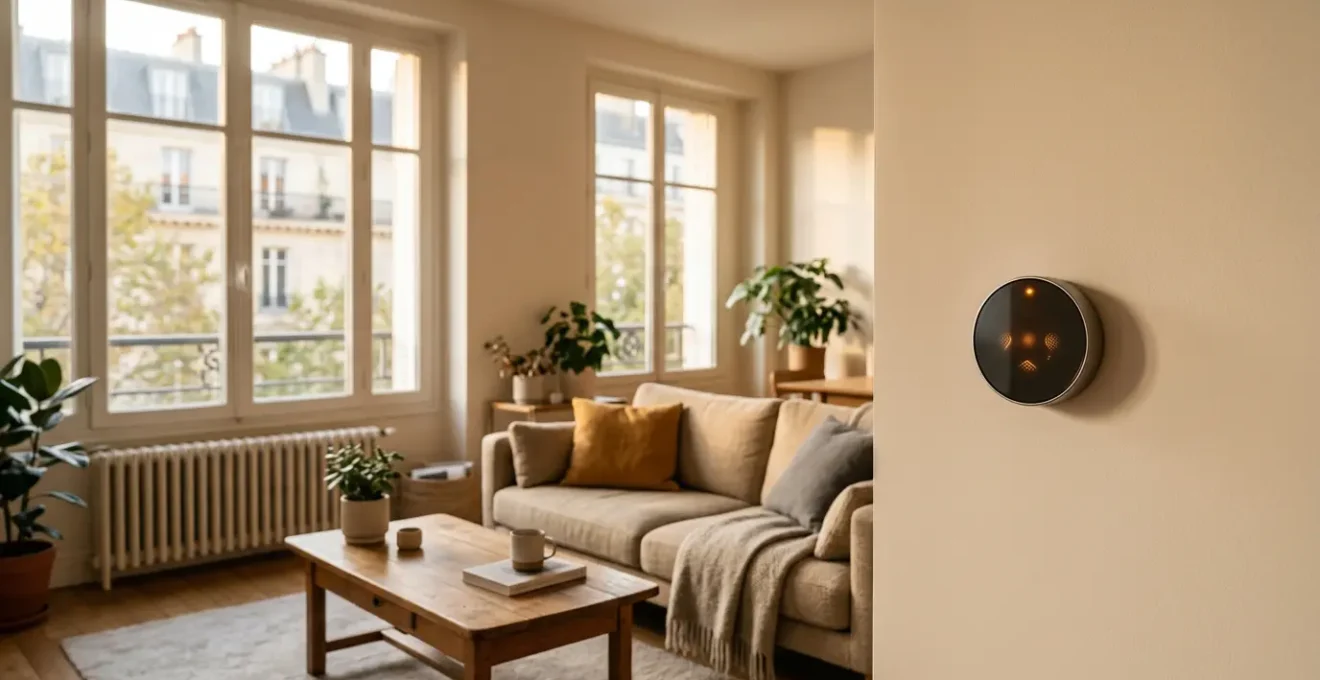 Thermostat connecté moderne contrôlant le chauffage d'une maison contemporaine pour un retour dans un intérieur chaleureux