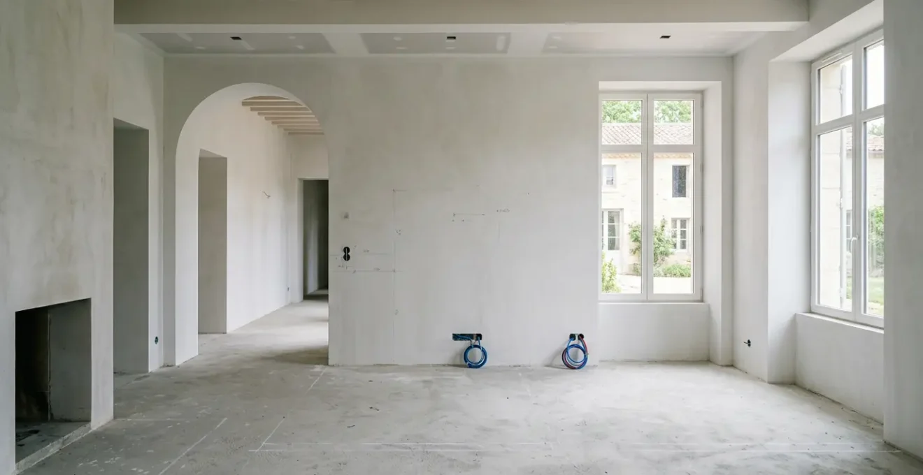 Planification d'installation electrique dans un interieur moderne francais avec murs neutres et espace de vie confortable