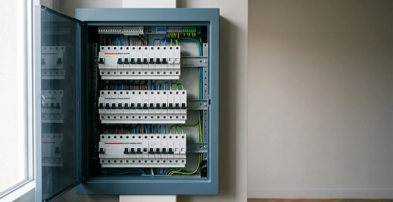 Tableau électrique moderne avec disjoncteurs divisionnaires et différentiels pour la sécurité incendie