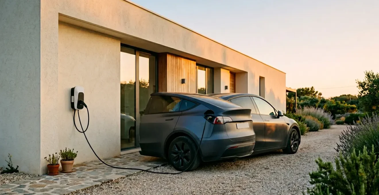 Véhicule électrique moderne en charge sur borne intelligente dans environnement résidentiel français au coucher du soleil