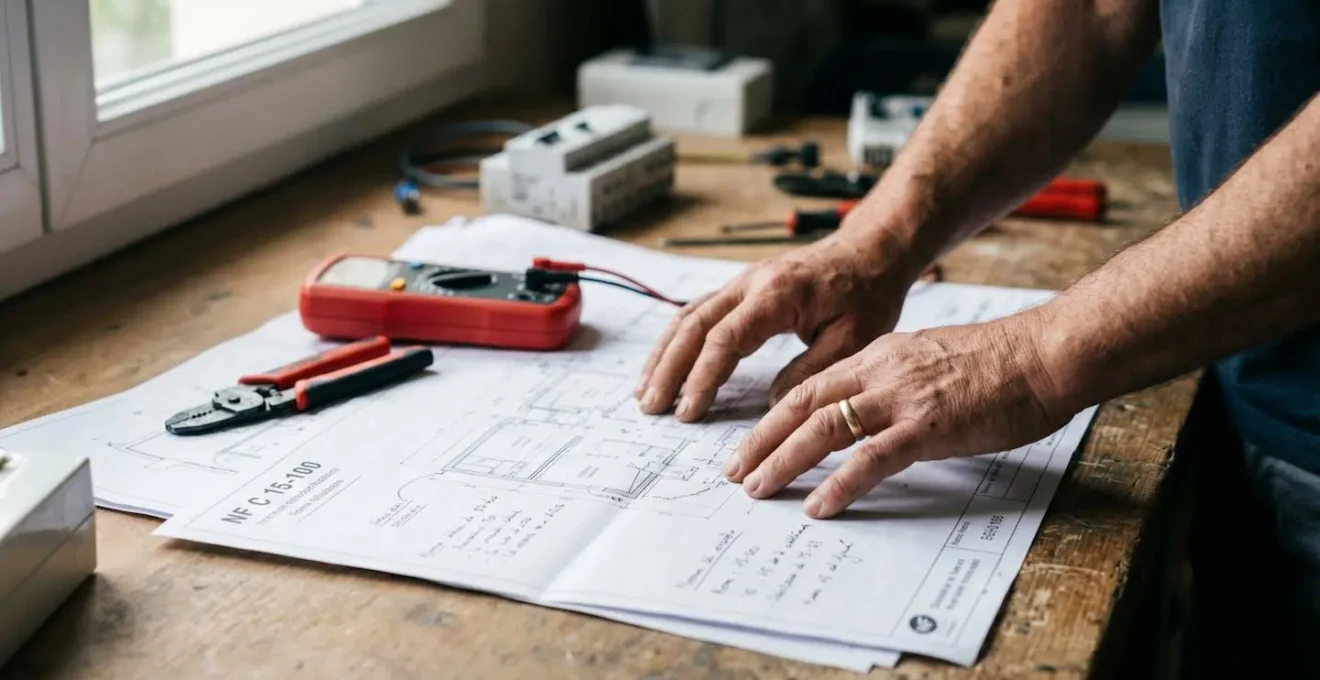 Mains d'électricien consultant un plan de rénovation électrique avec outils professionnels