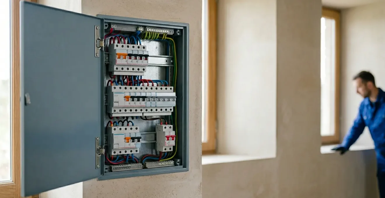 Rénovation d'une installation électrique dans un logement français avec tableau électrique moderne et câbles aux normes