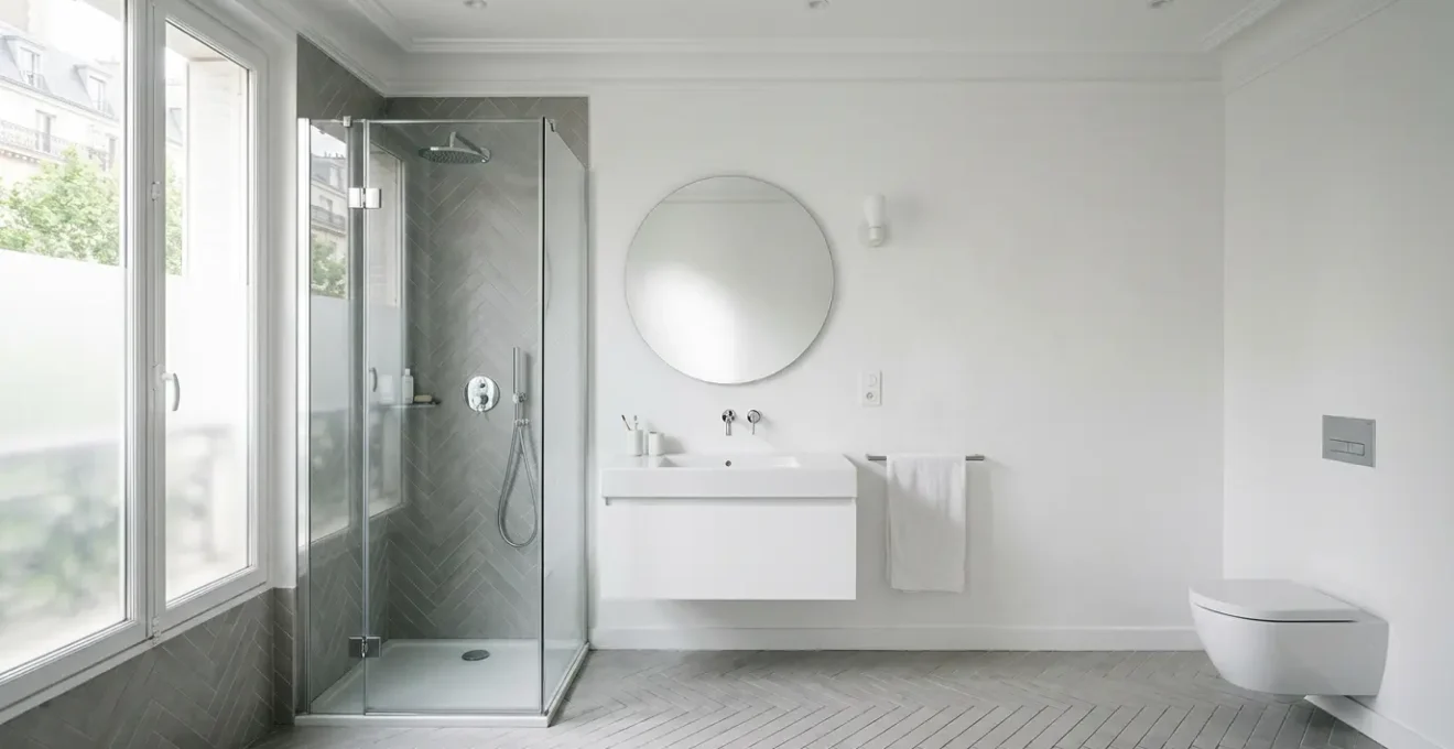 Salle de bain moderne française avec zones de sécurité électrique délimitées, éclairage conforme et prises hors volumes