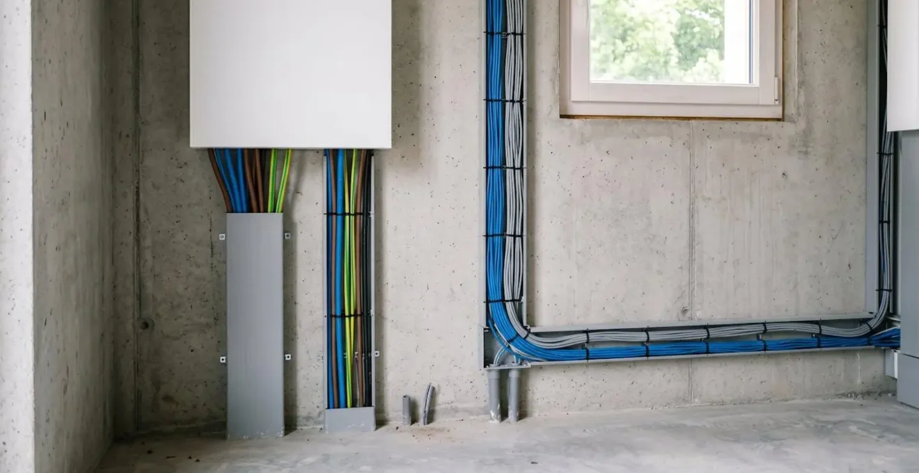 Installation électrique moderne montrant la séparation physique entre câbles de courant fort et de courant faible dans un logement résidentiel