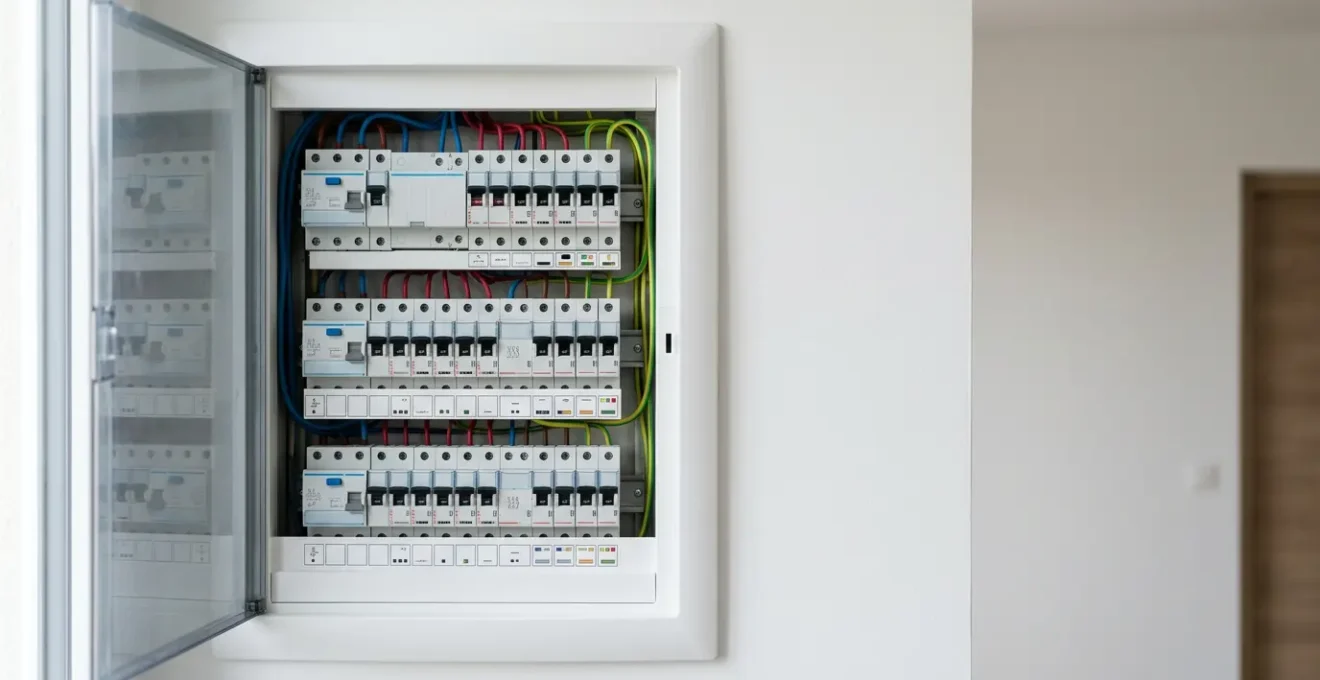 Tableau électrique moderne français conforme à la norme NF C 15-100 avec disjoncteurs et protection différentielle