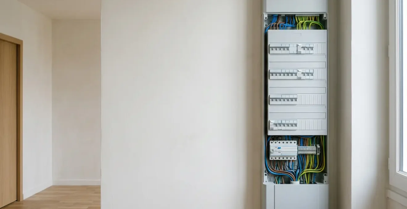 Tableau électrique résidentiel moderne avec disjoncteurs différentiels et modules de protection contre les incendies électriques