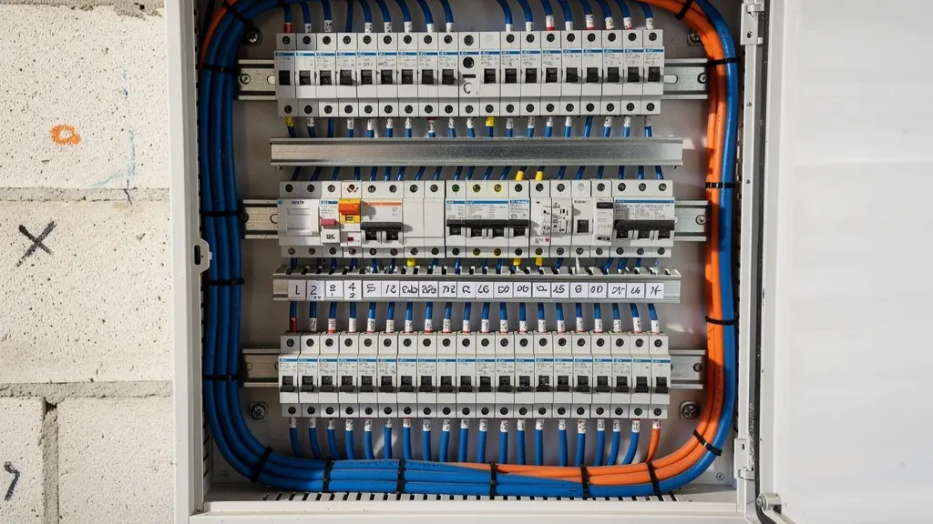 Tableau électrique résidentiel ouvert montrant les disjoncteurs pour installation borne recharge Tableau électrique résidentiel ouvert montrant les disjoncteurs pour installation borne recharge