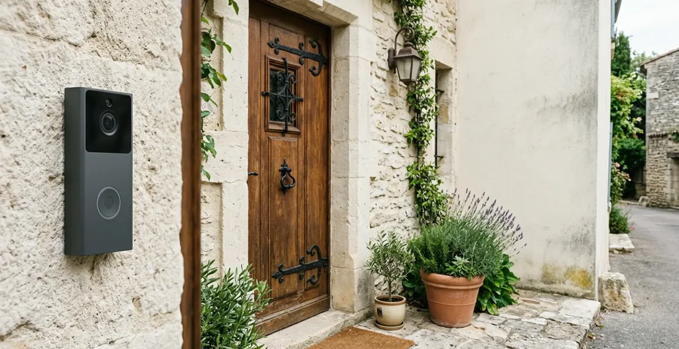 Visiophone connecté moderne installé à l'entrée d'une maison pour surveiller et ouvrir à distance