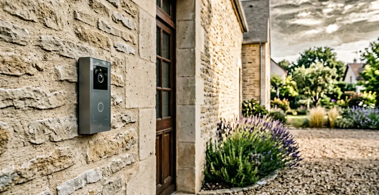 Platine de rue d'un visiophone connecté moderne fixée sur un mur en pierre, détecteur de mouvement et caméra intégrée